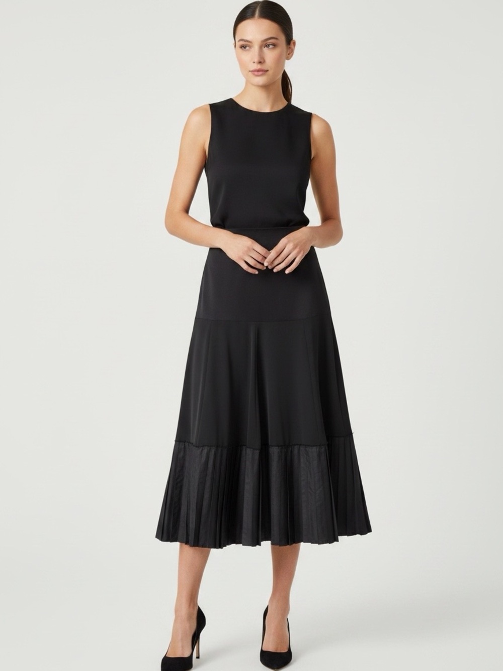 ELM Design Iceland Black Cotton Stretch  Pleated fluid Tiered Midi Skirt Sz S